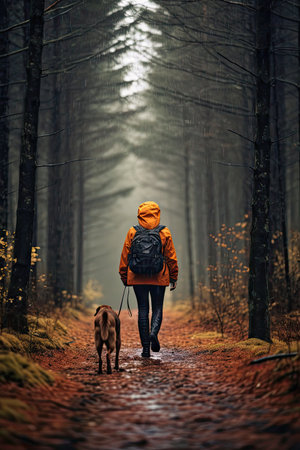 a man with a dog walks through the forest, rear viewの素材
