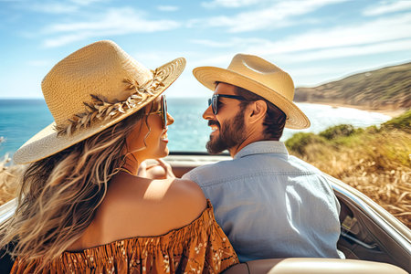 a young beautiful couple driving a convertible cabrの素材