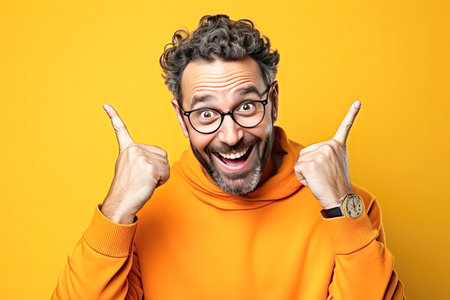 A cheerful man in glasses has a snow-white smile points to...の素材