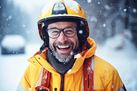 Cheerful male rescuer of the Ministry of Emergency Situations, wearing glasses, has a snow-white smile.の素材