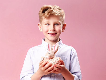Cute little boy with bunny ears holding Easter eggの素材