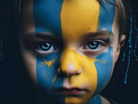 close-up of a childs face painted blue and yellowの素材