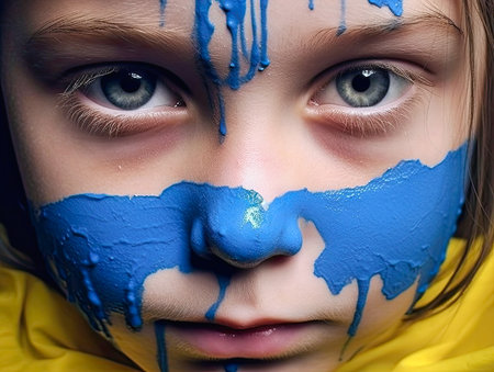 close-up of a childs face painted blue and yellowの素材