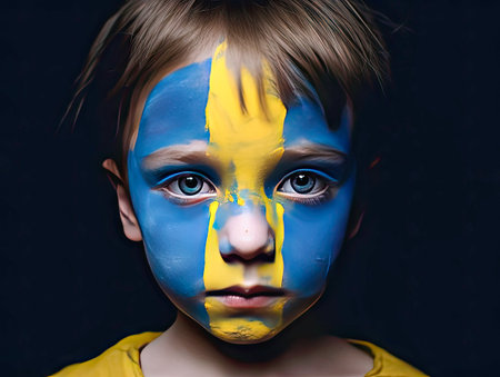 close-up of a childs face painted blue and yellowの素材