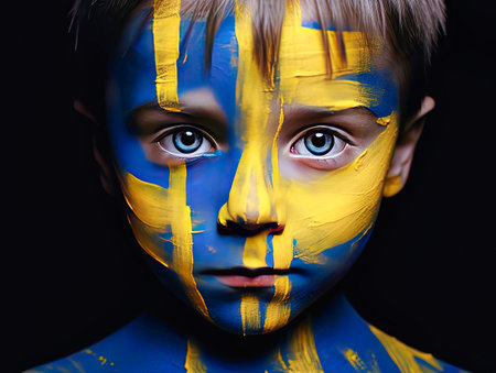 close-up of a childs face painted blue and yellowの素材