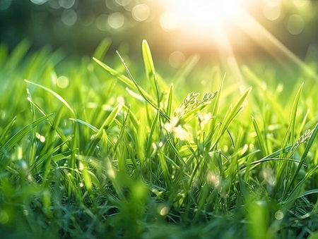 Beautiful natural background of green grass and sunの素材