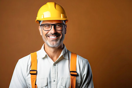 Cheerful construction engineer man in glasses has a snow-white smileの素材