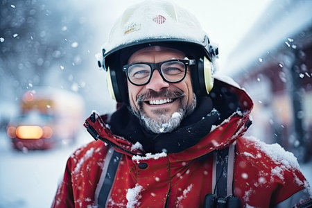 Cheerful fireman man in glasses has a snow-white smileの素材