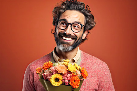 A cheerful man with flowers in glasses has a snow-white smileの素材