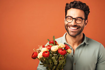 A cheerful man with flowers in glasses has a snow-white smileの素材