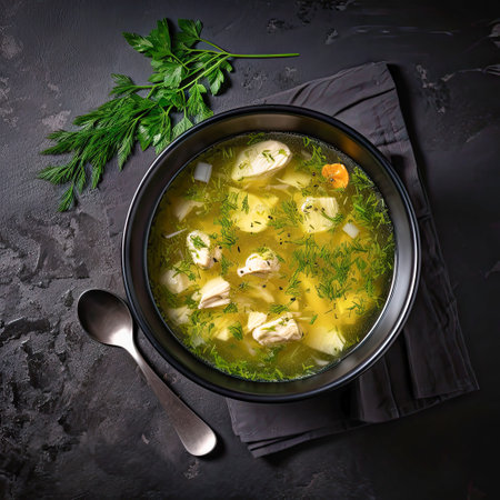 chicken soup on black stone background top viewの素材
