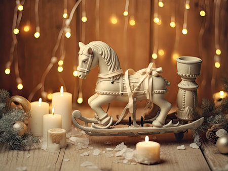 Christmas winter composition. toy rocking horseの素材