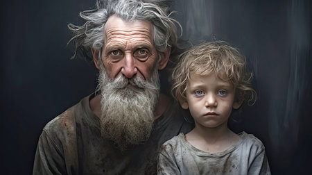 an old man and a small child.の素材