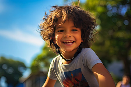 6 year old boy with Brazilian black hair, happy brown eyes.の素材