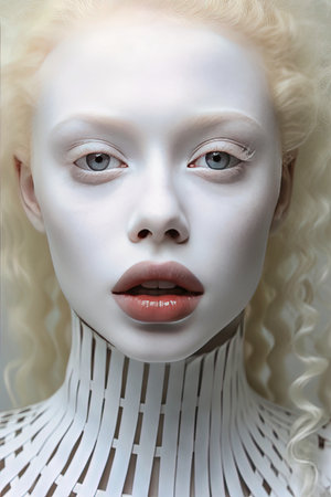 albino woman applying neutral lip balm.の素材