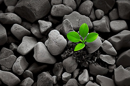 a green plant grows among stones.の素材