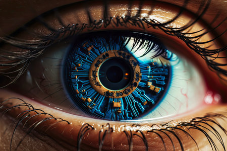 a mans eye showing a digital background with an eye.の素材