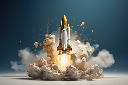 a small golden space rocket launches.の素材