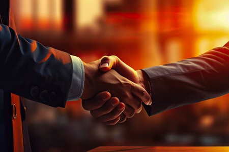 Image of a firm confident handshake between colleagues.の素材