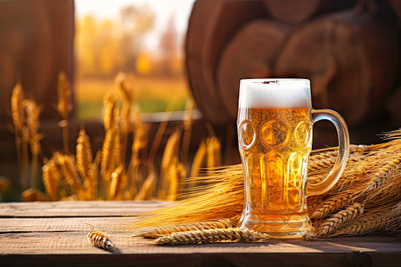 a glass of beer with wheat on a wooden table.の素材