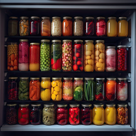 Store canned fruit carefully in a cupboard.の素材