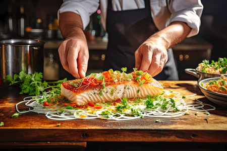 chefs hands preparing a delicious fish fillet dish.の素材