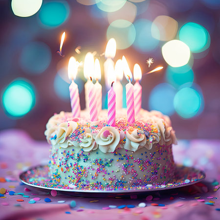 Pastel birthday cake with three birthday candles and sparklerの素材