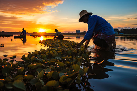 a farmer works near the harvest, at sunset.の素材