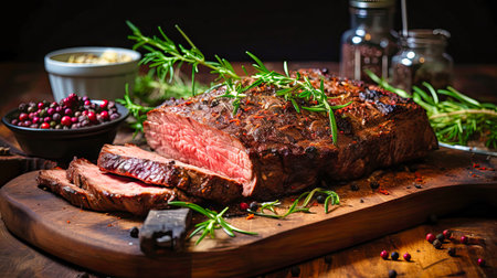 flank steak barbecue. on a wooden board with greeneryの素材