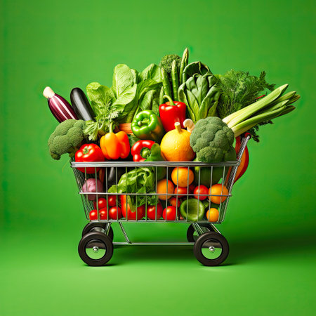 fresh vegetables in a basket on a green background.の素材