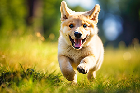 Happy puppy dog running on playground green yardの素材
