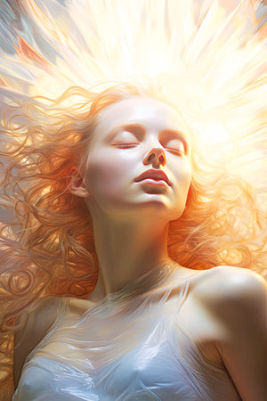 a woman with closed eyes looks at the sun.の素材