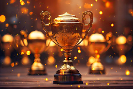 golden trophy is placed in the center of dark golden blurred blobsの素材