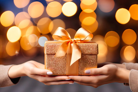 hand holding gift box light background depthの素材