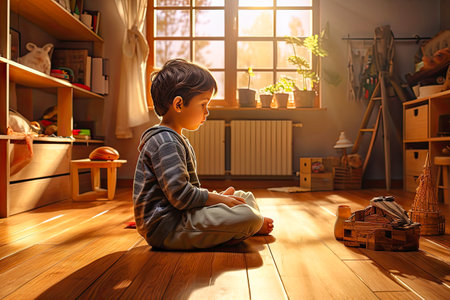 Interior, a small boy sits in a roomの素材