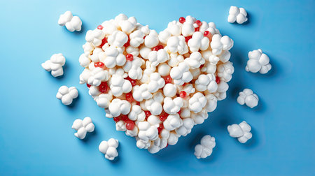 popcorn in the shape of a heart on a blue background.の素材