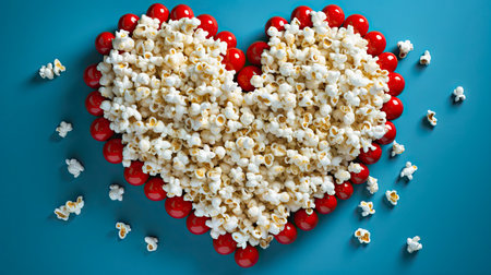 popcorn in the shape of a heart on a blue background.の素材