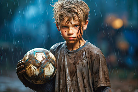 funny boy, mischievous face of a football player.の素材
