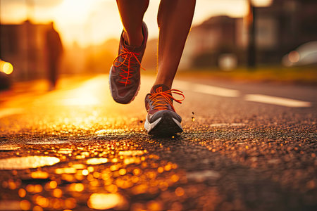 runner silhouette on road at sunset.の素材