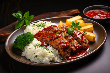 steak parmigiana rice and fried potato sticks.の素材