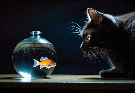 cat looking at a goldfish.の素材