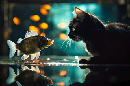 cat looking at a goldfish.の素材