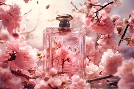 glass jar of perfume in flowers.の素材