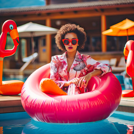african american woman in pink circle by the pool.の素材