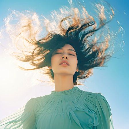 her hair is blowing.の素材