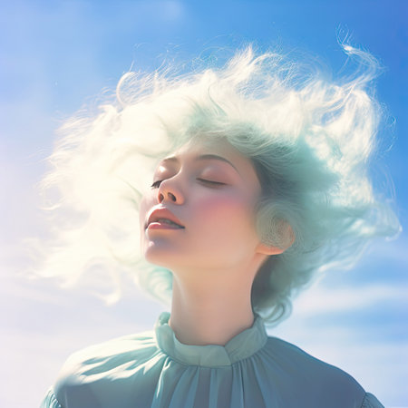 her hair is blowing.の素材