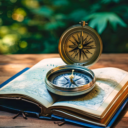 Leadership and management, abstract compass and guiding light representing direction in business strategy.の素材