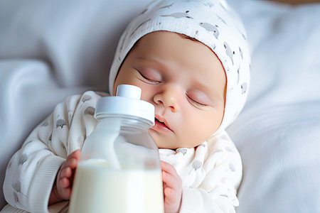 newborn baby drinking a bottle of milk.の素材