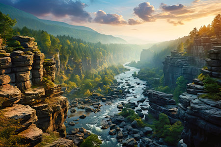 Serene Sunrise Over a Misty River Amidst Towering Rock Formations.の素材