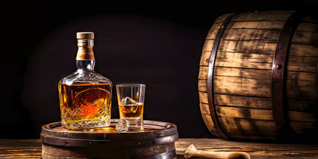 Aged Whiskey and Glasses on an Oak Barrel in a Dimly Lit Distillery.の素材